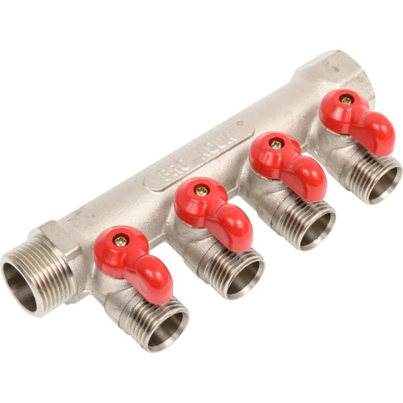 Коллектор с отсекающими кранами (плоскость) PRO AQUA 3/4, 4 х 1/2 V100.04-m20-f20 Коллектор с отсекающими кранами (плоскость) PRO AQUA 3/4, 4 х 1/2 V100.04-m20-f20