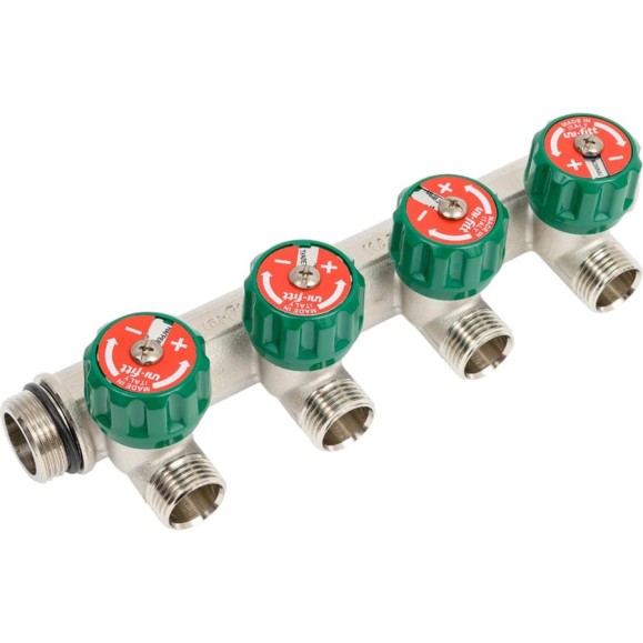 Коллектор Uni-Fitt НВ 3/4", 4х1/2", Н 50 мм с выходами под 90 град, никелированный, с вентилями 410N3240 Коллектор Uni-Fitt НВ 3/4", 4х1/2", Н 50 мм с выходами под 90 град, никелированный, с вентилями 410N3240