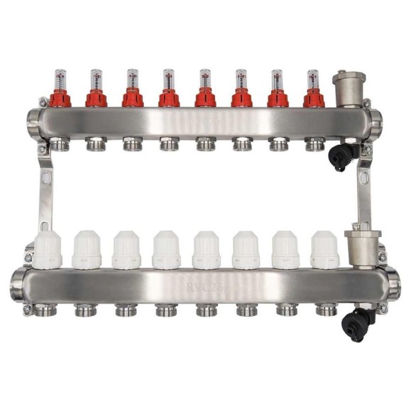 Коллекторный блок RVC ТП нержавеющая сталь, 1 (DN25)8 x 3/4 (евроконус), с расходомерами 18805 Коллекторный блок RVC ТП нержавеющая сталь, 1 (DN25)8 x 3/4 (евроконус), с расходомерами 18805