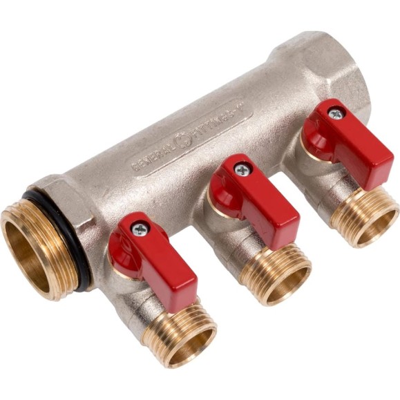 Коллектор с шаровыми кранами STOUT Smb 6210 011203 1", 3 отвода 1/2", красные ручки RG0091AACQLORH