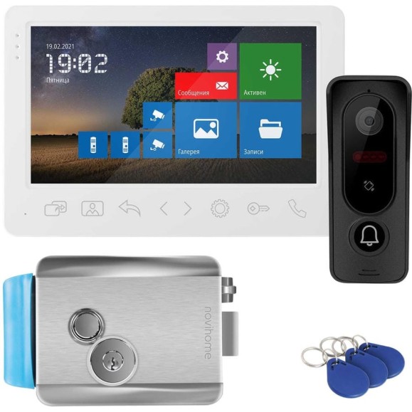 Комплект Novihome WHITE SURFACE 7 FHD KIT PLUS  v., состоящий из 7 Full HD видеодомофона, вызывной панели со СКУД и электромеханического замка 4297
