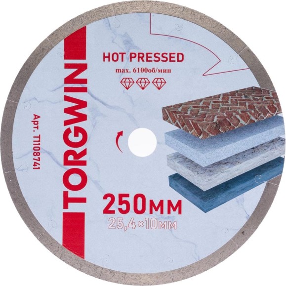 Диск алмазный отрезной TORGWIN сплошной по керамике 250x22.2/10x1.8 мм Hot Press PRO T1108741 Диск алмазный отрезной TORGWIN сплошной по керамике 250x22.2/10x1.8 мм Hot Press PRO T1108741