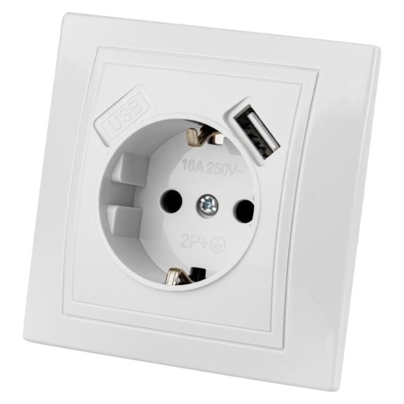 Розетка TDM ELECTRIC 2П+З с защитыми шторками 16А 250В + USB порт 2,1А 5В белая Таймыр SQ1814-0040