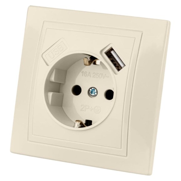 Розетка TDM ELECTRIC 2П+З с защитными шторками, 16А 250В + USB порт 2,1А 5В слоновая кость Таймыр SQ1814-0140