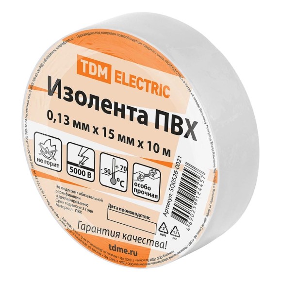 Изолента ПВХ TDM ELECTRIC 0.13х15 мм белая 10 м SQ0526-0021 Изолента ПВХ TDM ELECTRIC 0.13х15 мм белая 10 м SQ0526-0021