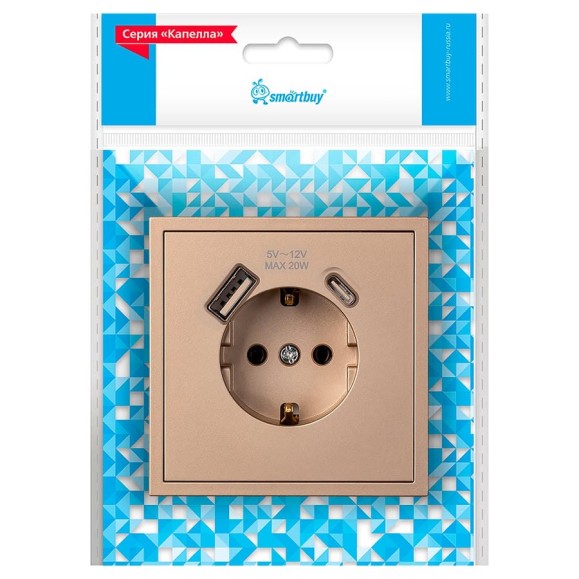 Розетка 1-местная Smartbuy с заземлением USB+Type 16А шампань Капелла SBE-09c-16-S1-USB Розетка 1-местная Smartbuy с заземлением USB+Type 16А шампань Капелла SBE-09c-16-S1-USB