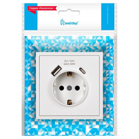 Розетка 1-местная Smartbuy с заземлением USB+Type 16А белая Капелла SBE-09w-16-S1-USB