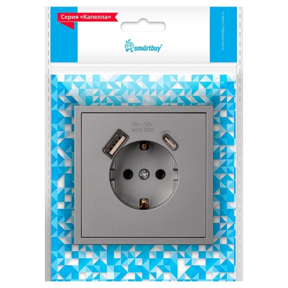 Розетка 1-местная Smartbuy с заземлением USB+Type 16А графит Капелла SBE-09g-16-S1-USB