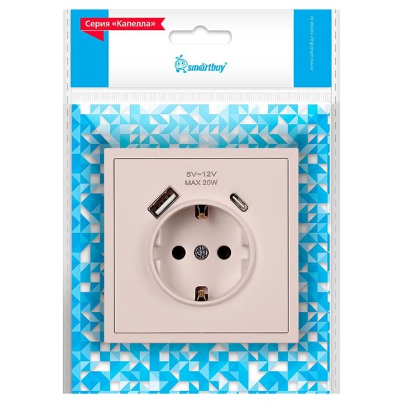 Розетка 1-местная Smartbuy с заземлением USB+Type 16А бежевая Капелла SBE-09i-16-S1-USB
