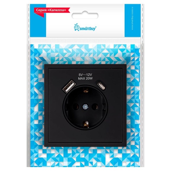 Розетка 1-местная Smartbuy с заземлением USB+Type 16А черная Капелла SBE-09b-16-S1-USB