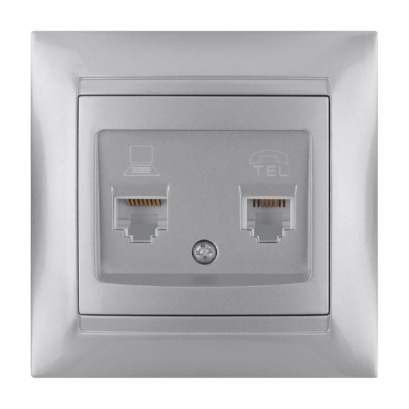 Розетка телефонная RJ11 + компьютерная RJ45 TDM ELECTRIC серебристый металлик, серия "Лама" SQ1815-0219