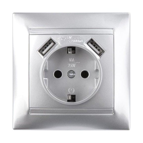 Розетка с USB 2 порта 2,1А 5В, с заземлением TDM ELECTRIC серебристый металлик, 2П 16А 250В серия "Лама" SQ1815-0242