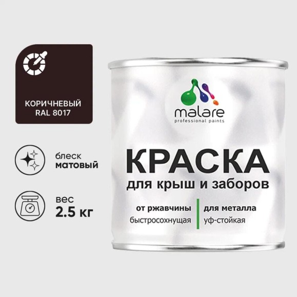 Краска по металлу MALARE для крыш и заборов, по ржавчине, быстросохнущая, износостойкая, матовая, коричневый, 2,5 кг КМЗ8017М0250 Краска по металлу MALARE для крыш и заборов, по ржавчине, быстросохнущая, износостойкая, матовая, коричневый, 2,5 кг КМЗ8017М0250