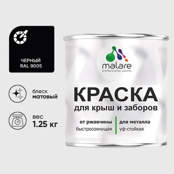 Краска по металлу MALARE для крыш и заборов, по ржавчине, быстросохнущая, износостойкая, матовая, черный, 1,25 кг КМЗ9005М0125