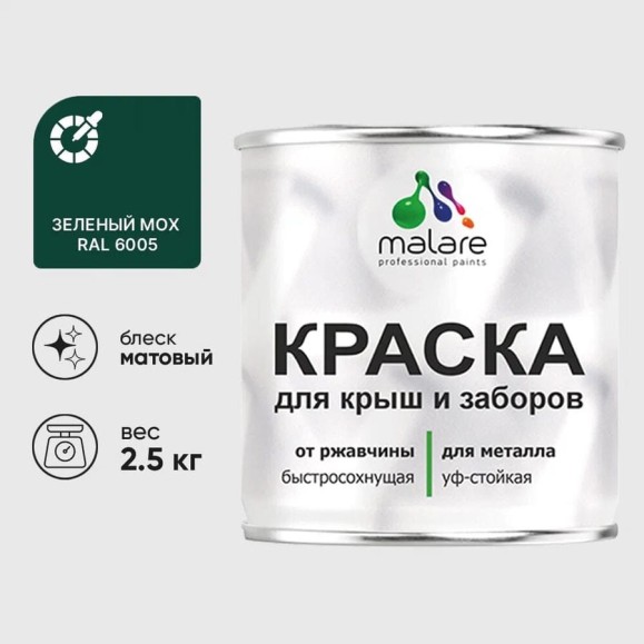 Краска по металлу MALARE для крыш и заборов, по ржавчине, быстросохнущая, износостойкая, матовая, зеленый мох, 2,5 кг КМЗ6005М0250