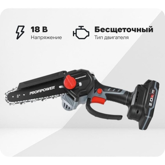 Аккумуляторная бесщеточная цепная пила Profipower MKGSH-18V (Li-ion-2 шт, 2.0Ач, 20 см, 8