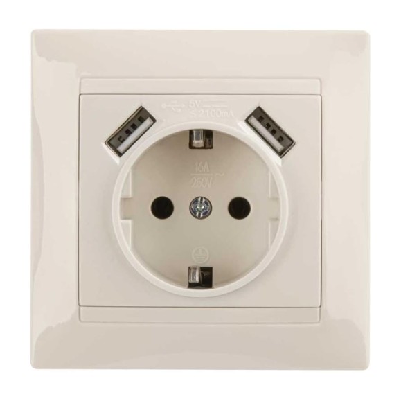 Розетка TDM ELECTRIC Лама 2П+З 16А 250В + 2 USB порта 2,1А 5В слоновая кость SQ1815-0142