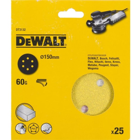 Шлифовальные круги DEWALT DT3132, 150 мм, 6 отверстий, 60G, 25 шт DT3132-QZ Шлифовальные круги DEWALT DT3132, 150 мм, 6 отверстий, 60G, 25 шт DT3132-QZ