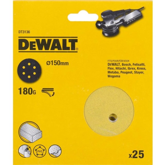 Шлифовальные круги DEWALT DT3136, 150 мм, 6 отверстий, 180G, 25 шт DT3136-QZ Шлифовальные круги DEWALT DT3136, 150 мм, 6 отверстий, 180G, 25 шт DT3136-QZ