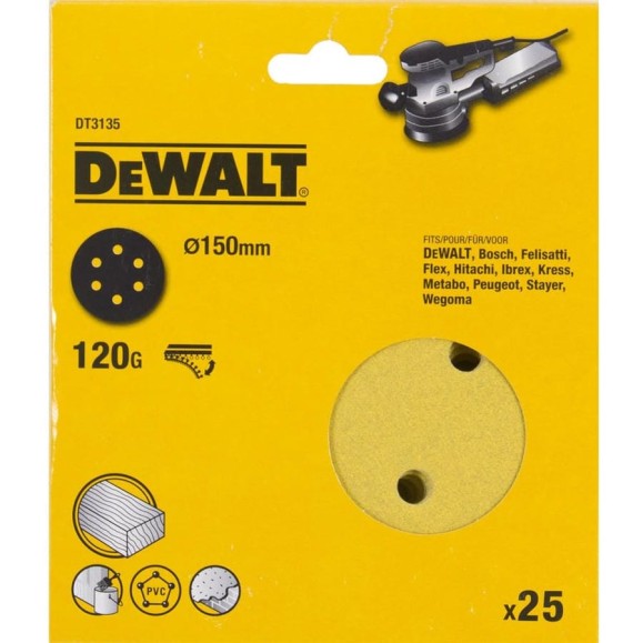 Шлифовальные круги DEWALT DT3135, 150 мм, 6 отверстий, 120G, 25 шт DT3135-QZ Шлифовальные круги DEWALT DT3135, 150 мм, 6 отверстий, 120G, 25 шт DT3135-QZ