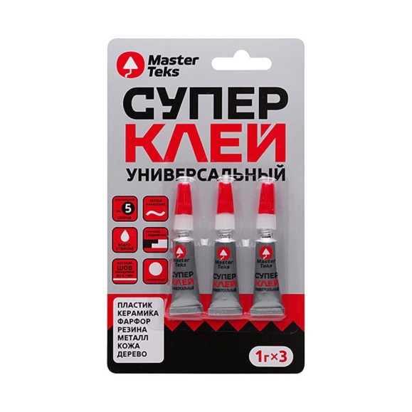 Супер-клей цианоакрилатный MASTERTEKS блистер, 3 x 1 г 279705
