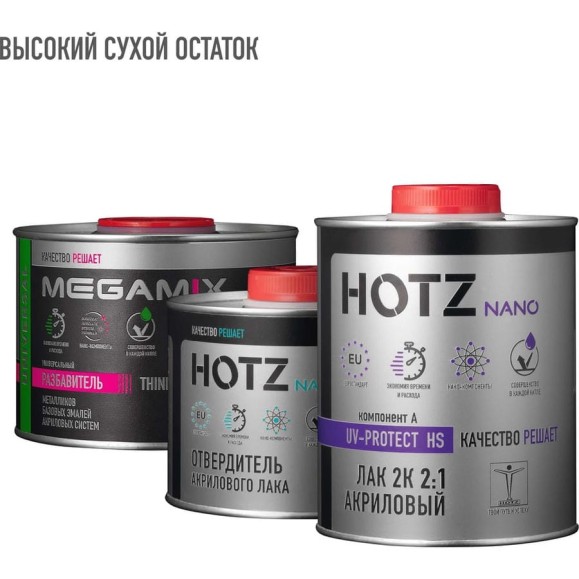 Лак автомобильный акриловый HOTZ 2К HS UV-PROTECT Комплект (лак:1 л + отвердитель: 0,5 л + разбавитель:0,5 л) 4673755228317