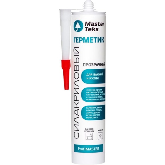 Силакриловый санитарный герметик MASTERTEKS Profimaster 9782342, 290 мл, прозрачный 279953