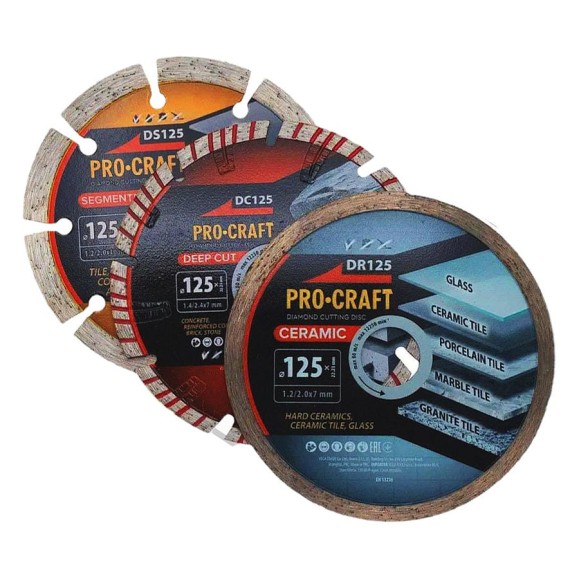 Набор алмазных дисков Procraft 125x22.2 DS125/DR125/DC125 Сегментированный/Отрезной/Ceramic DS3.125 Набор алмазных дисков Procraft 125x22.2 DS125/DR125/DC125 Сегментированный/Отрезной/Ceramic DS3.125