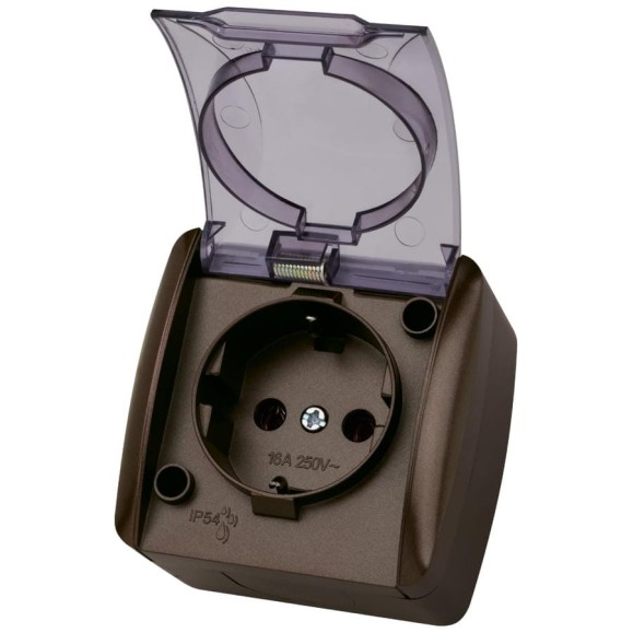Розетка TDM ELECTRIC 2П+3 открытой установки IP54 16А с прозрачной крышкой шоколад 