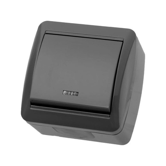 Выключатель одноклавишный накладной с подсветкой, серый IP44 TDM ELECTRIC 10А серия 