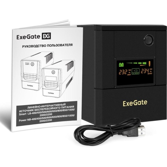 Источник бесперебойного питания ExeGate Smart LB-2200.LCD.AVR.4SH.USB 2200VA/1300W, цветной LCD, AVR, 4 Schuko, USB, батарея 12V 9Ah - 2 шт., металлический корпус, Black 299787