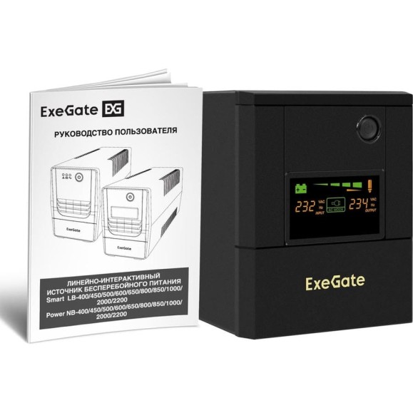 Источник бесперебойного питания ExeGate Smart LB-2200.LCD.AVR.8C13 2200VA/1300W, цветной LCD, AVR, 8 C13, батарея 12V 9Ah - 2 шт., металлический корпус, Black 299825