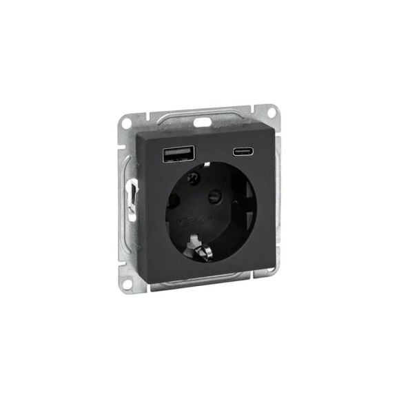 Механизм розетки EKF с USB-A+С - 2шт, 16А, с заземлением, со шторками, чёрный Эпика UP1-SOB-111-USBA+USBC