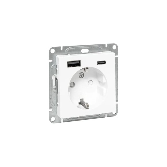 Механизм розетки EKF с USB-A+С - 2шт, 16А, с заземлением, со шторками, белый Эпика UP1-SOW-111-USBA+USBC