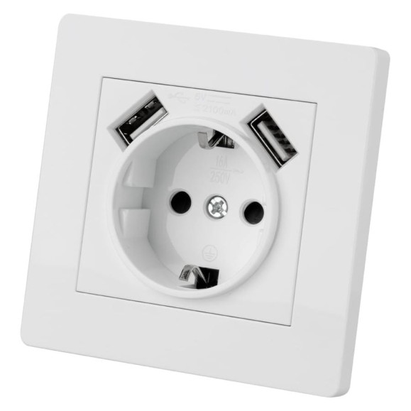 Розетка TDM ELECTRIC 2П+З 16А 250В + 2 USB порта 2,1А 5В белая "Сенеж" SQ1816-0053