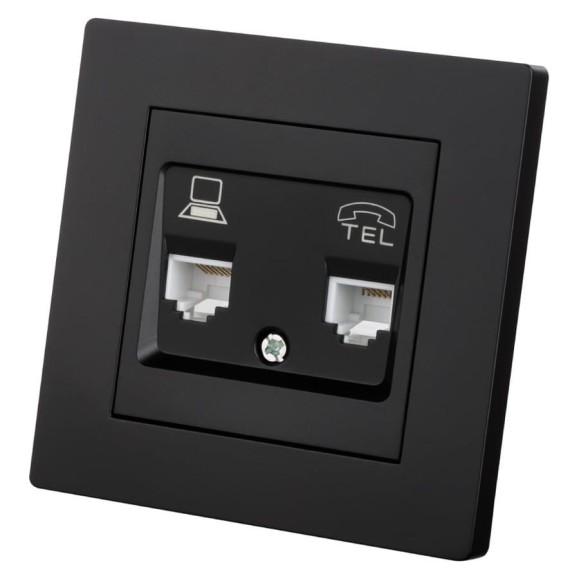 Розетка телефонная + компьютерная TDM ELECTRIC RJ11 + RJ45, черная, Сенеж TDM SQ1816-0327