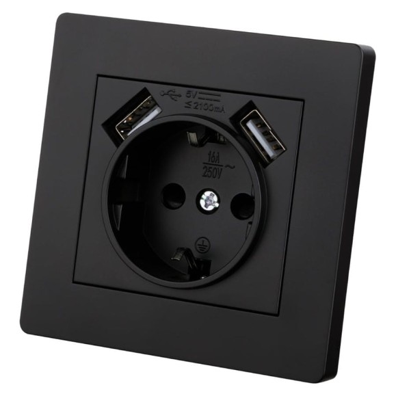 Розетка TDM ELECTRIC 2П+З 16А 250В + 2 USB порта 2,1А 5В черная Сенеж TDM SQ1816-0283