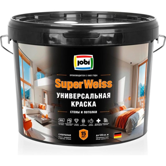 Краска интерьерная высокоукрывистая супербелая SuperWeiss 9л JOBI 36388