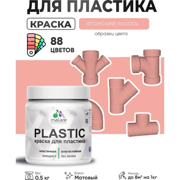 Акриловая краска для пластика MALARE Plastic для ПВХ, для подоконников и откосов, без запаха, матовая, японский лосось, 0.5 кг КПЛСТАЯПЛМ0050