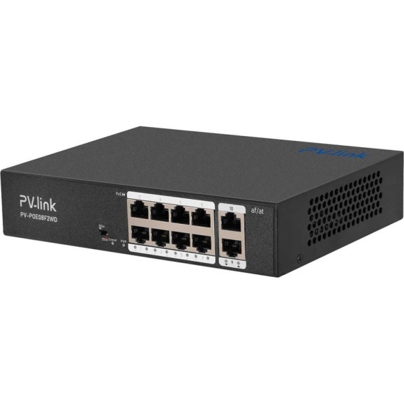 PoE коммутатор PV-link PV-POE08F2WD, 8xPoE, 2xUplink, 250 м, Watchdog, для систем видеонаблюдения, IP-камер, Wi-Fi точек доступа  2123