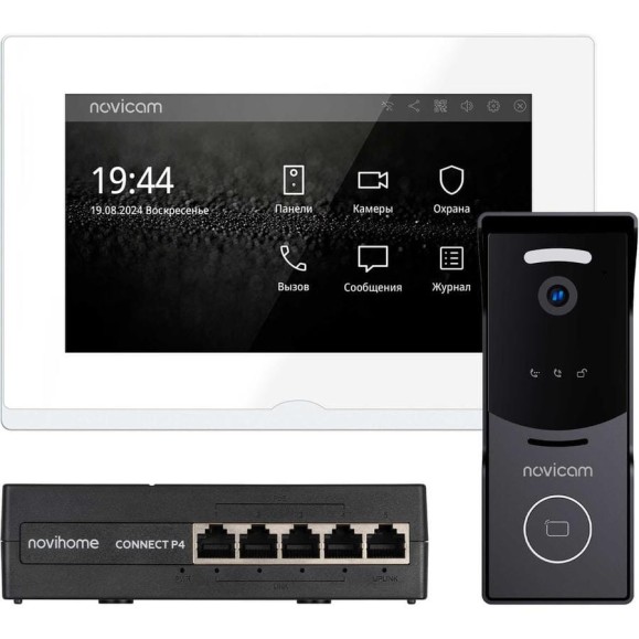 Комплект IP-видеодомофона Novicam  IMPULSE 7 IP KIT WHITE. Сенсорный видеодомофон, вызывная панель со считывателем, PoE-коммутатор. Поддержка SIP. Приложение Smart Life 4645