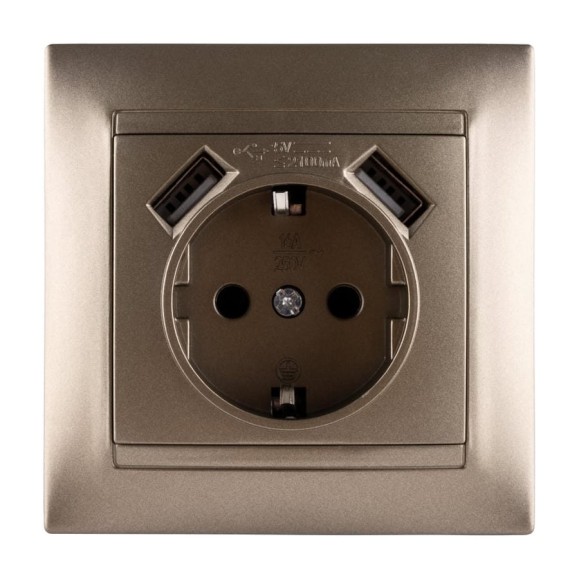 Розетка с заземлением 16А 250В + 2 USB порта 2,1А 5В бронза серия "Лама" TDM ELECTRIC SQ1815-0742