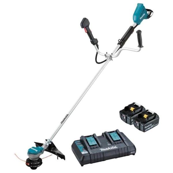 Аккумуляторная коса Makita LXT BL 2х18В,550Вт, велорукоятка,нож 4T, d-23см,  М10xLH, (2xBL1850B, DC18RD) DUR368APT2
