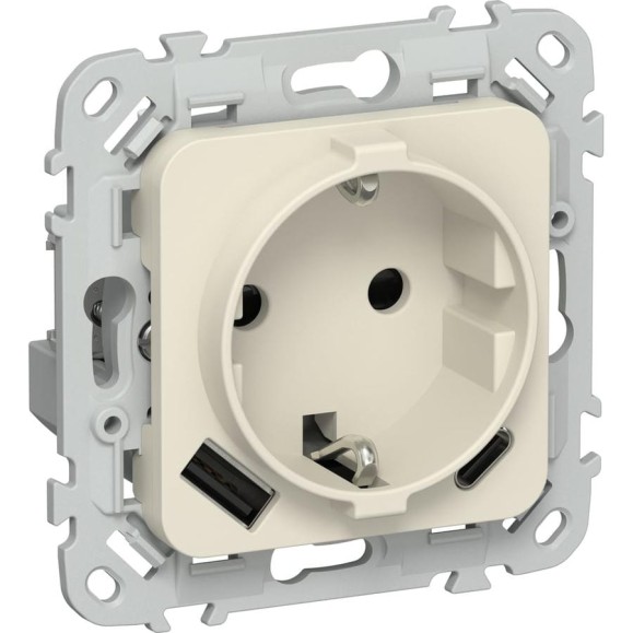 Розетка IEK FLITE с заземляющим контактом и шторками, 16А USB AC 20Вт б/к РСЮшс11-1-ФлСл сливочный FI-R14-16-1-U22-020-K86