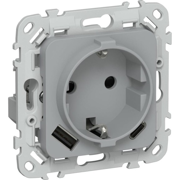 Розетка IEK FLITE с заземляющим контактом и шторками, 16А USB AC 20Вт б/к РСЮшс11-1-ФлС серый FI-R14-16-1-U22-020-K03