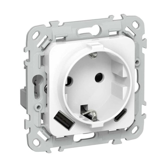 Розетка IEK FLITE с заземляющим контактом и шторками, 16А USB AC 20Вт б/к РСЮшс11-1-ФлБ белый FI-R14-16-1-U22-020-K01