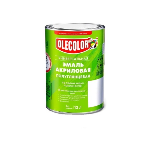 Эмаль акриловая универсальная Olecolor полуглянцевая, серый, 7004, 3 кг 4300017170 Эмаль акриловая универсальная Olecolor полуглянцевая, серый, 7004, 3 кг 4300017170
