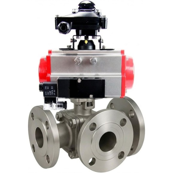 Кран шаровой DN.ru 316-316-PTFE-FP-3L-F-ISO-H Ду20 Ру16 HYMT, 3-ходовой L-тип фланцевый, пневмопривод SA-065, пневмораспр. 24VDC, БКВ LSB-510 Ex D160-77196