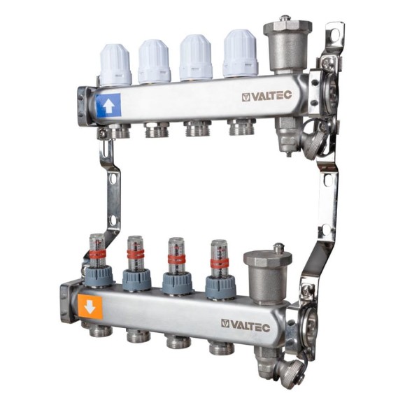 Коллекторный блок Valtec из нержавеющей стали с регулирующими клапанами и расходомерами, 1х4 вых. Евроконус 3/4 VTc.579.EMNX.0604 Коллекторный блок Valtec из нержавеющей стали с регулирующими клапанами и расходомерами, 1х4 вых. Евроконус 3/4 VTc.579.EMNX.0604