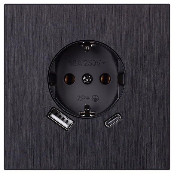 Розетка одноместная SMARTBUY с заземлением USB+Type-C независимая 16А алюминий черный Альтаир (SBE-i11alb-1 SBE-i11alb-16-S1-USB